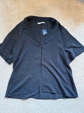 NEW Abercrombie & Fitch Top Satin Hook Blouse Sz L Black Flared Sleeve